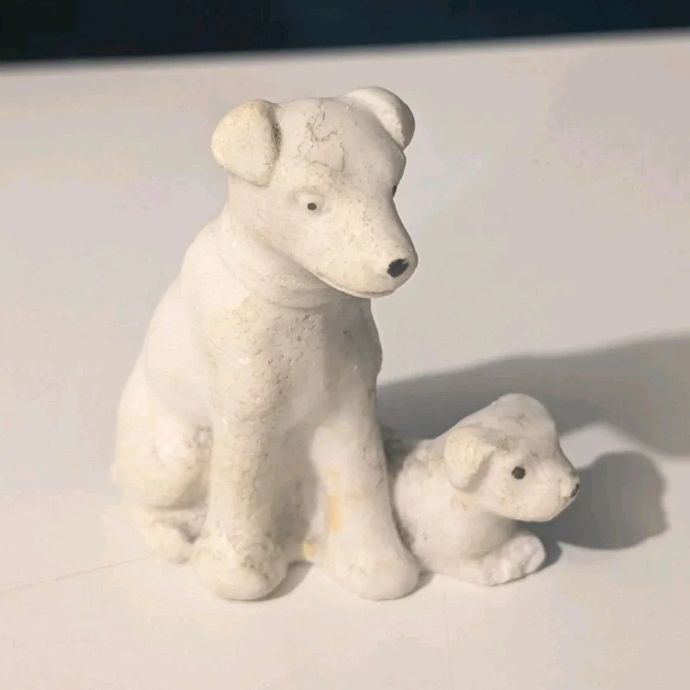 Bisque Porcelain Mother Dog and Puppy  Miniature Statue  Penny Toy
